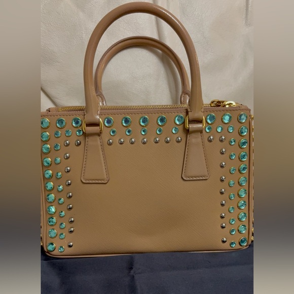 Prada Beige Saffiano Satchel with Turquoise Crystal Studs - Picture 4 of 16